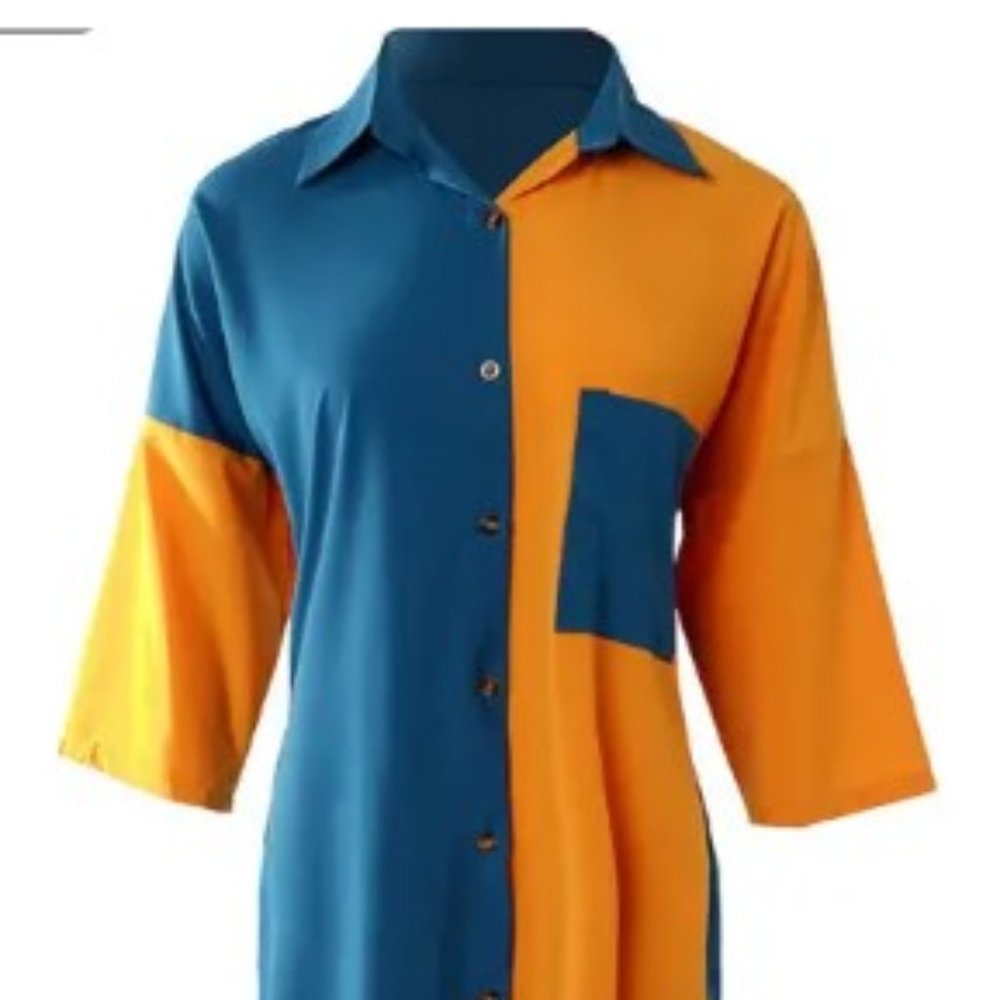 Plus Size Colorblock Button Design Midi length Shirt Dress
